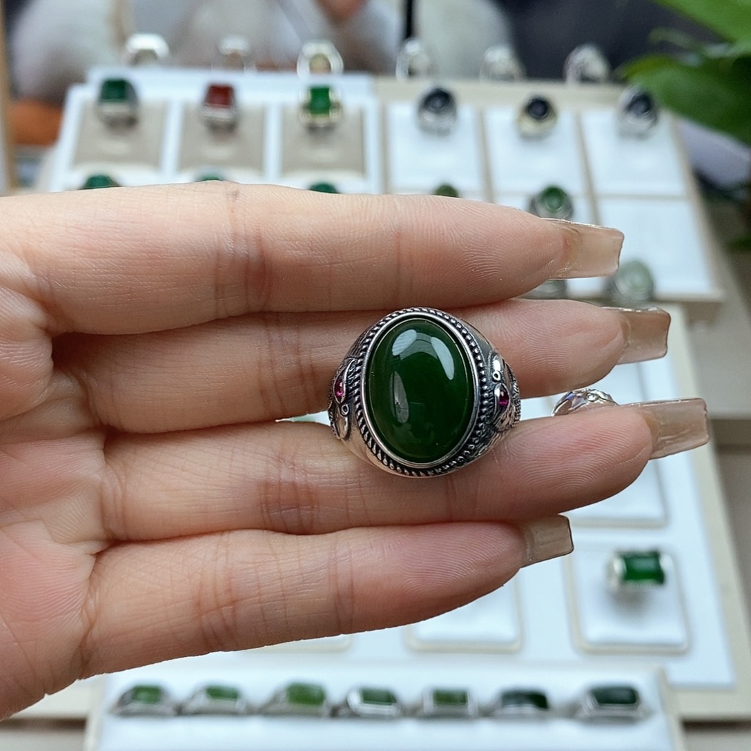 和田玉戒指银S925镶嵌郭*荣