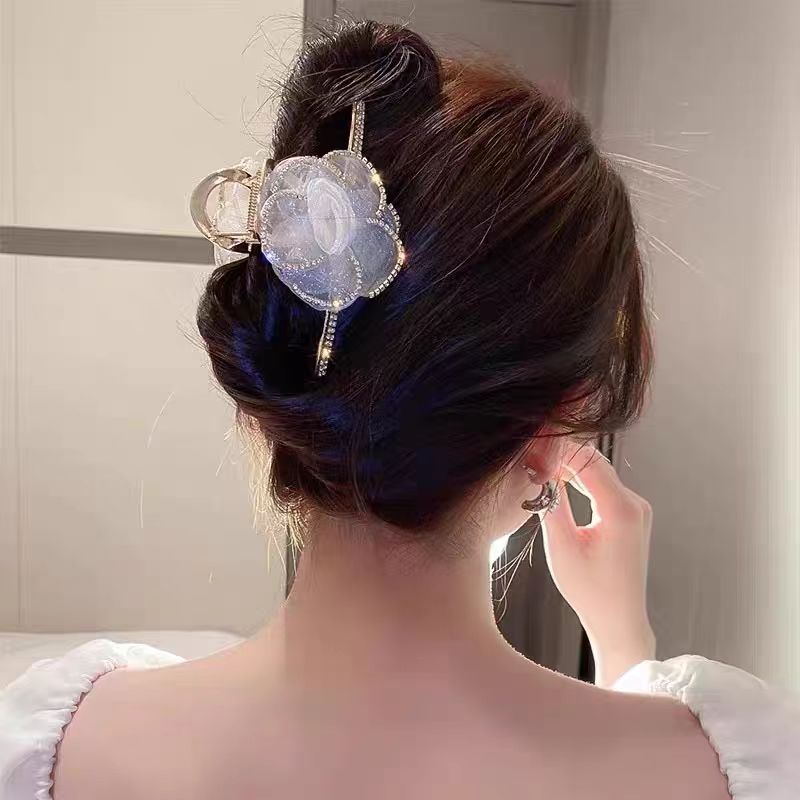 鲨鱼夹百搭发饰山茶花发夹后脑勺甜美气质盘发抓夹b