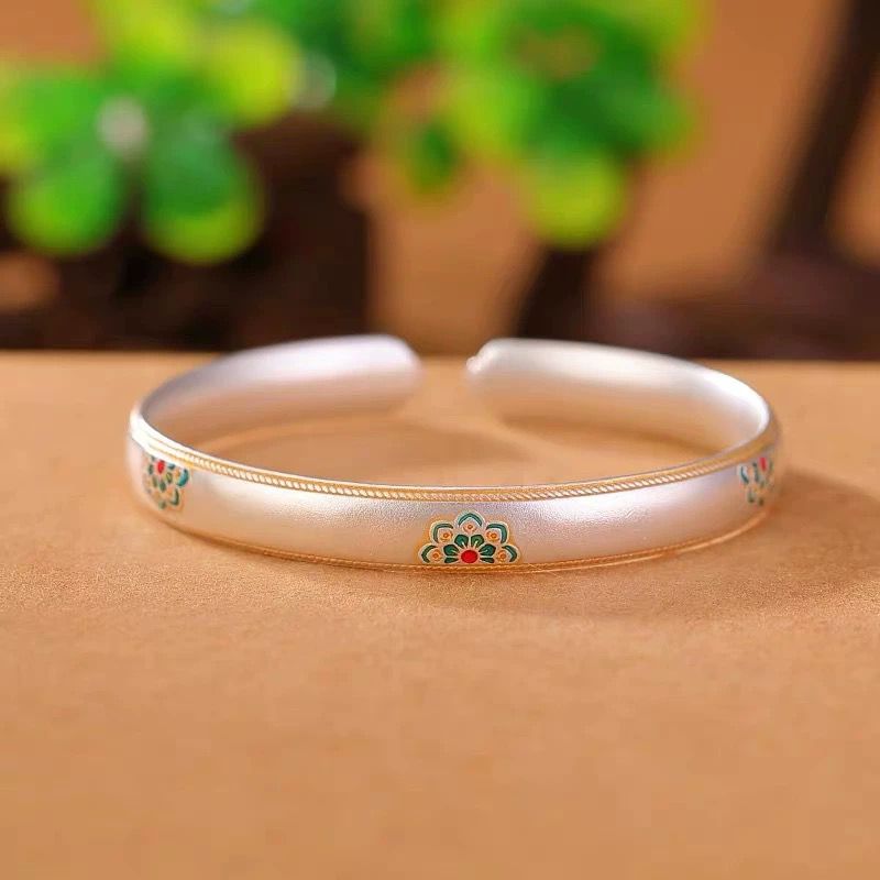 足银手镯 G158足银9999宝相花珐琅手镯软银好调节女国潮