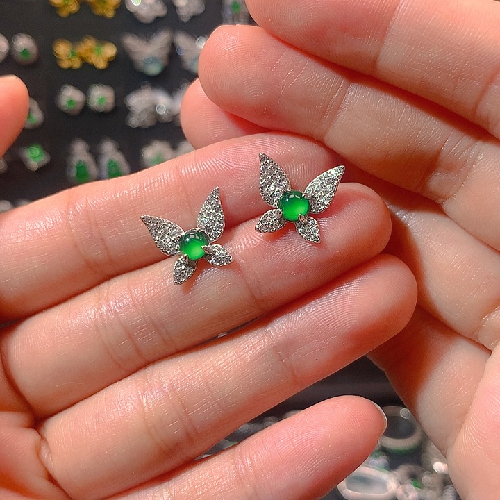 翡翠戒指银S925镶嵌兔*耳钉