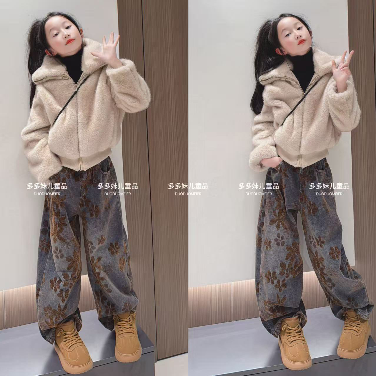 美拉德毛绒翻领长袖外套女童2025冬季复古气质加厚开衫上衣牛仔裤