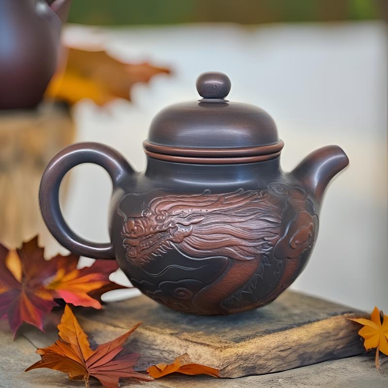 广西钦州坭兴陶茶壶浮雕龙手工拉坯手工雕刻约220毫升