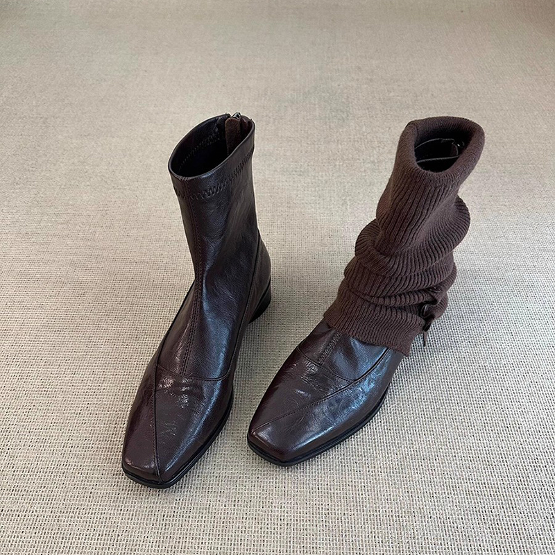 复古方头短靴2025新款显瘦后拉链通勤气质粗跟弹力瘦瘦靴女马丁靴