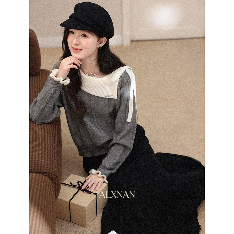 鹿向南【温柔陷阱】灰色设计感小众毛衣女秋冬季新款长袖针织上衣