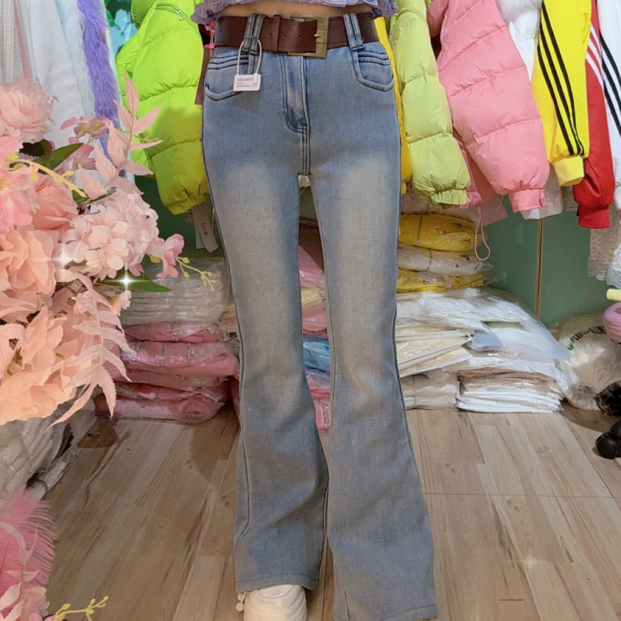 蓝色加绒高腰微喇牛仔裤女秋冬修身显瘦弹力百搭喇叭长