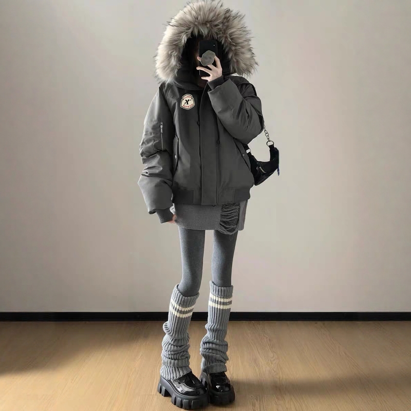 粥胖胖大毛领美式复古派克服2025年冬季新羽绒棉服女棉衣加厚外套