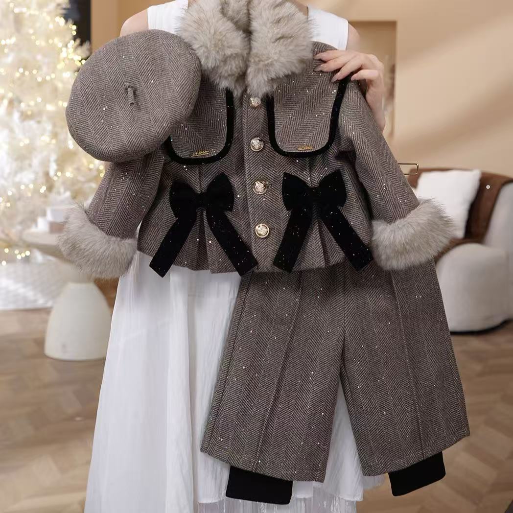 女童加绒加厚款呢料套装2025新款毛领蝴蝶结儿童套装