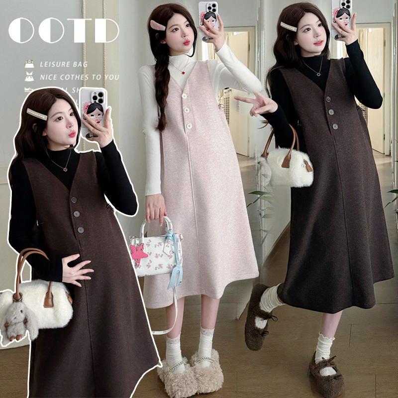 【沫小熙】2025秋冬款洋气孕妇装套装打底衫呢子背心连衣裙两件套装