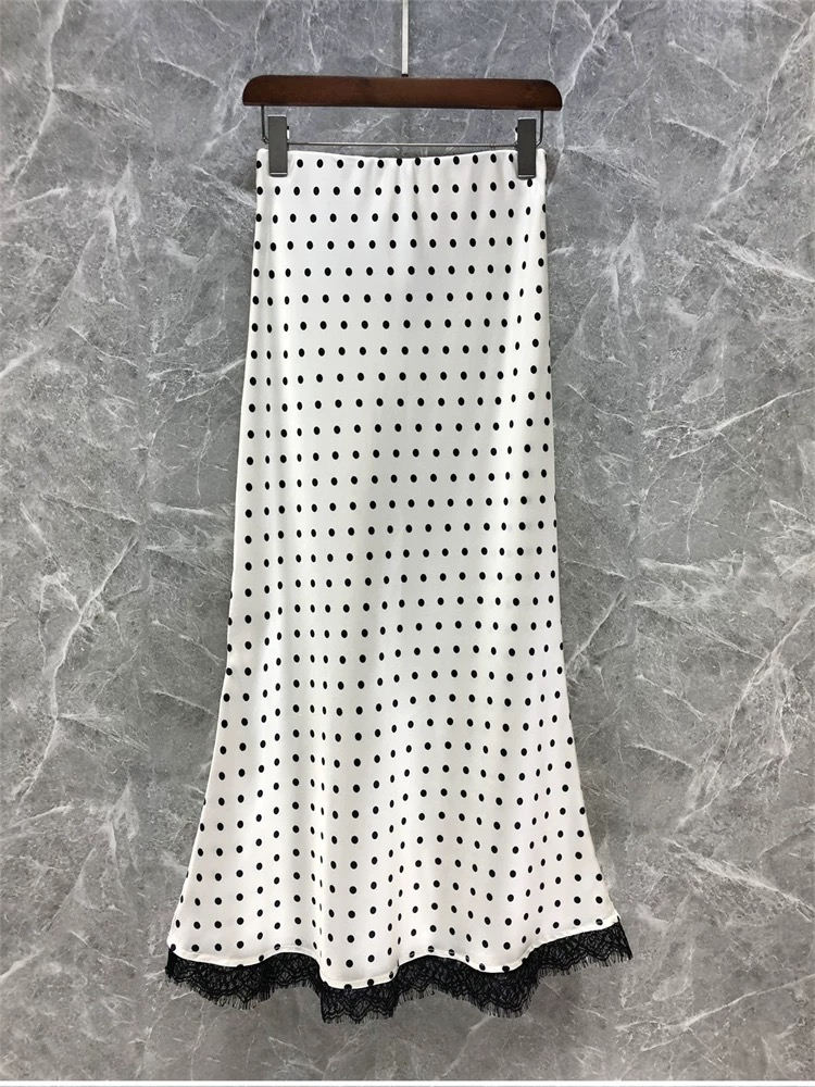 Momo2025夏季百搭高级波点半身裙气质休闲款醋酸拼接蕾丝