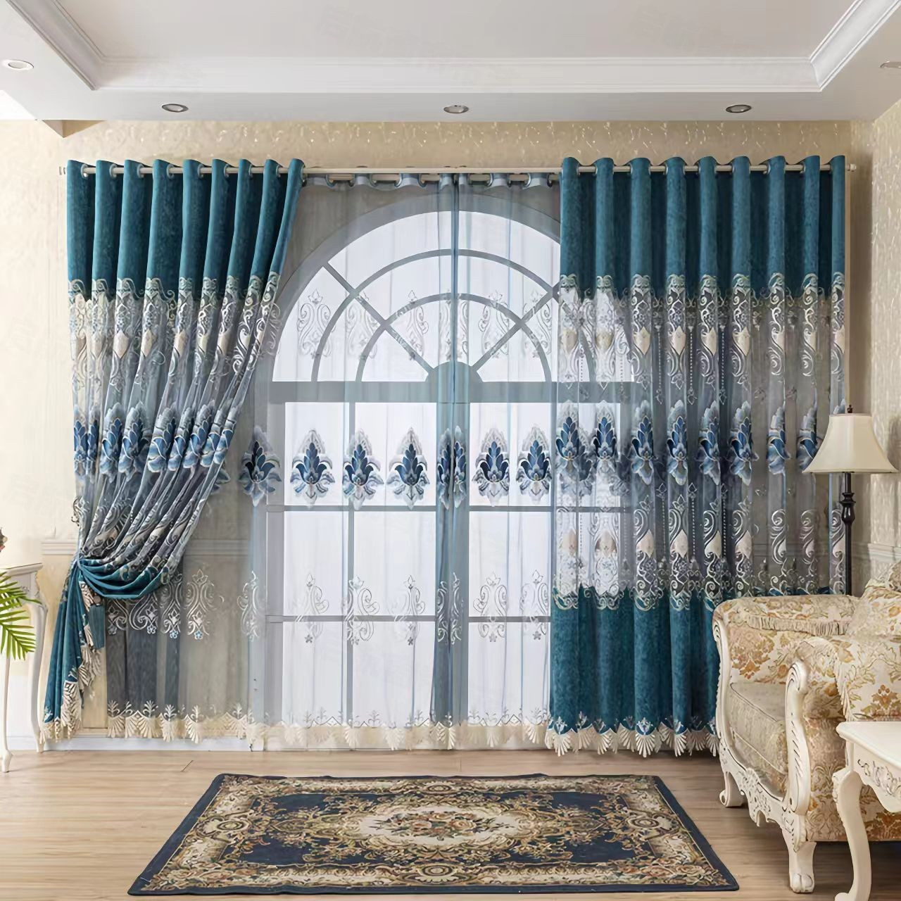 欧式窗帘免打孔客厅卧室阳台飘窗楼梯水蓝大镂空绣花雪尼尔面料
