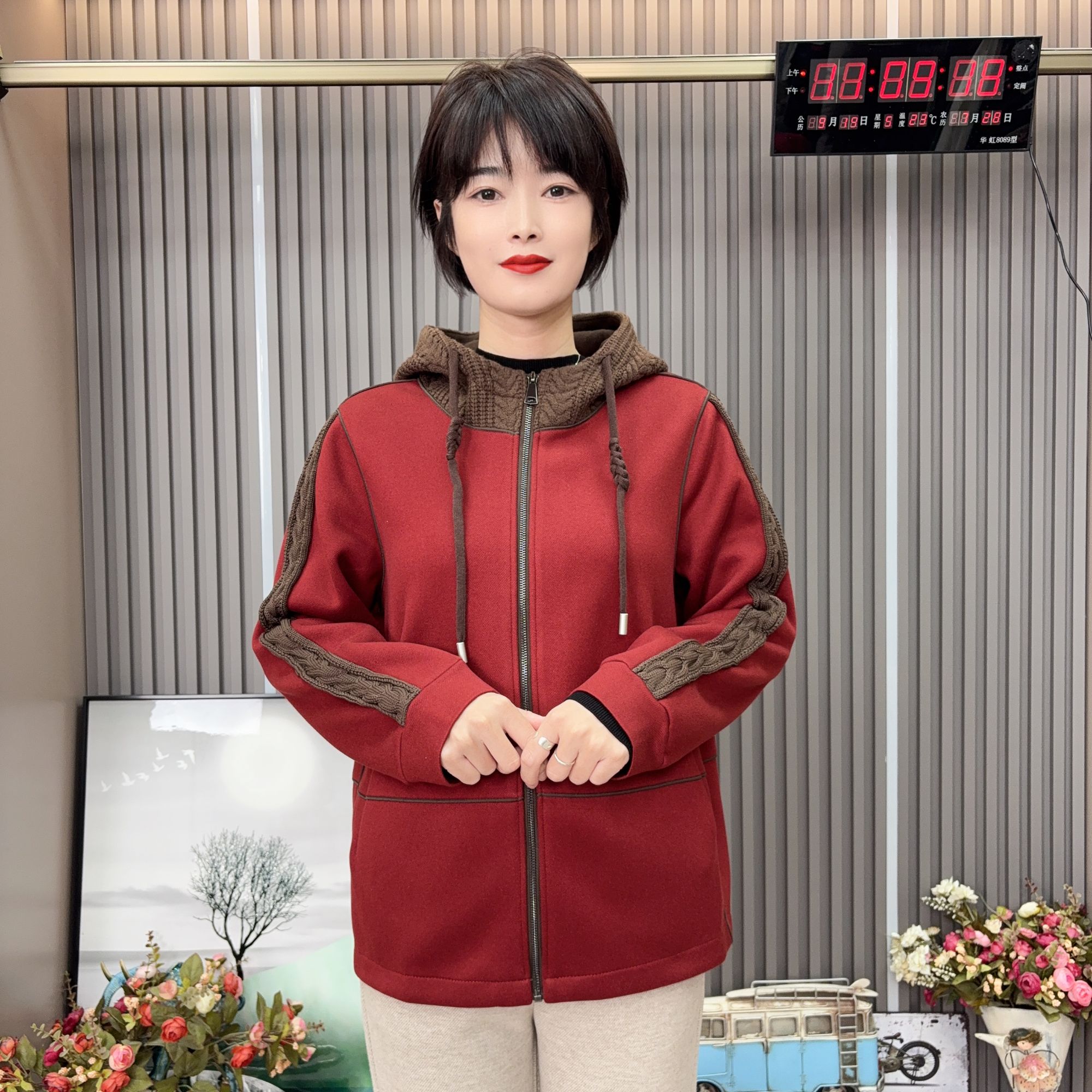 【LU-JIE Q2508】妈妈装中老年女装优雅女人针织拼接连帽外套休闲