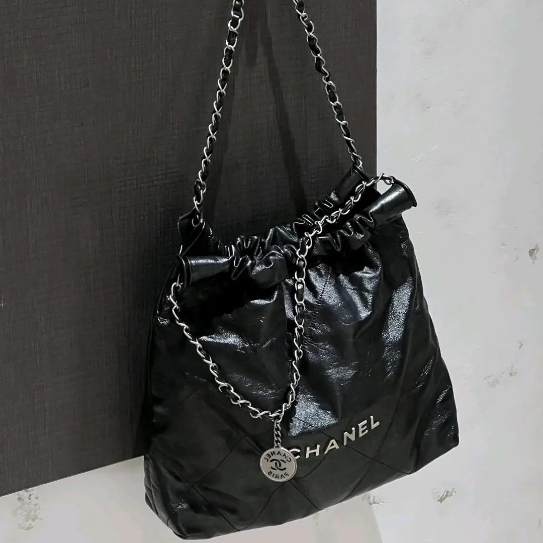 99新 Chanel/香奈儿 6607 黑银22bag垃圾袋单肩包小号芯片款