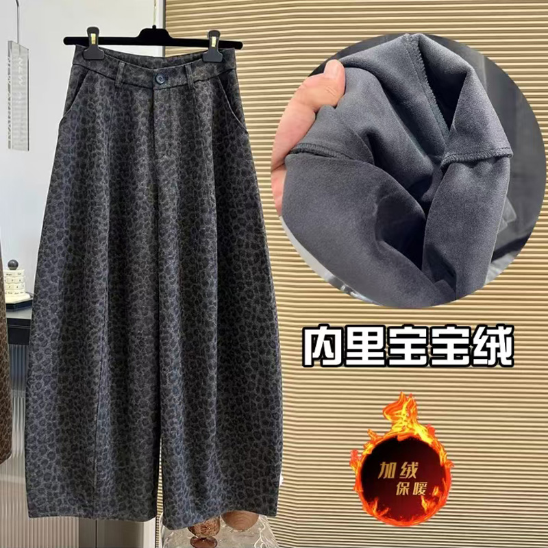 加绒冬季新款设计感豹纹洋气长裤高腰休闲裤宽松时髦弯刀裤子女