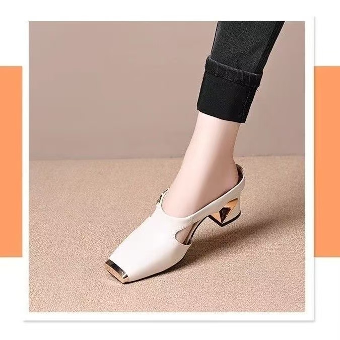 2025新款法式方头粗跟包头半拖鞋女夏外穿穆勒鞋气质中跟拖鞋