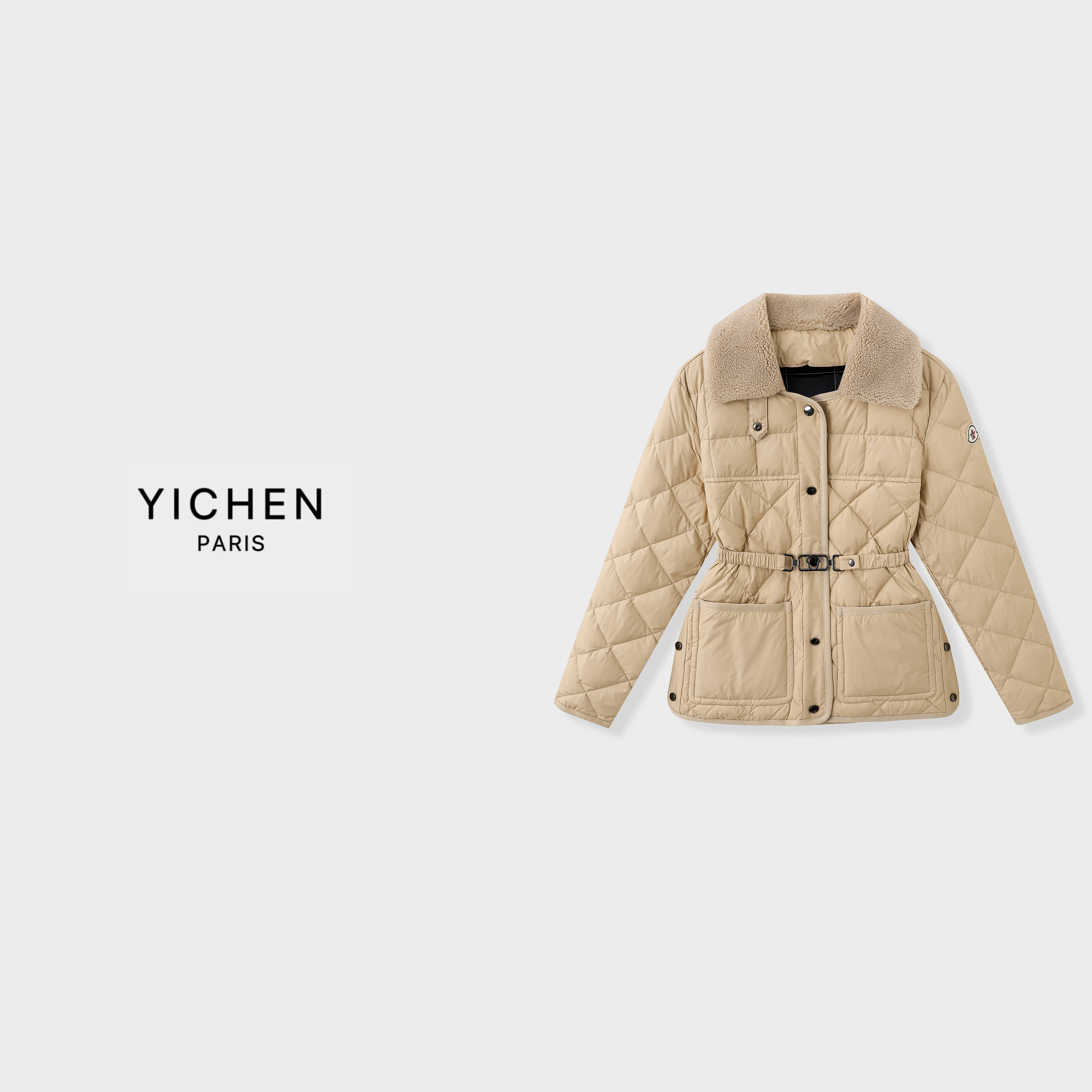 YC 滑雪系列奶茶色菱格压线毛领拼接收腰羽绒服-4100