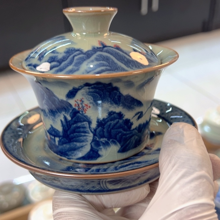 瓷片淘泥山水马蹄盖碗全品