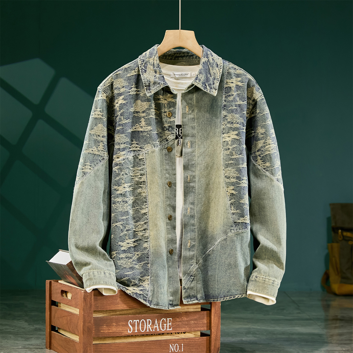 复古水洗牛仔外套男士宽松大码上衣休闲百搭潮流衬衫009