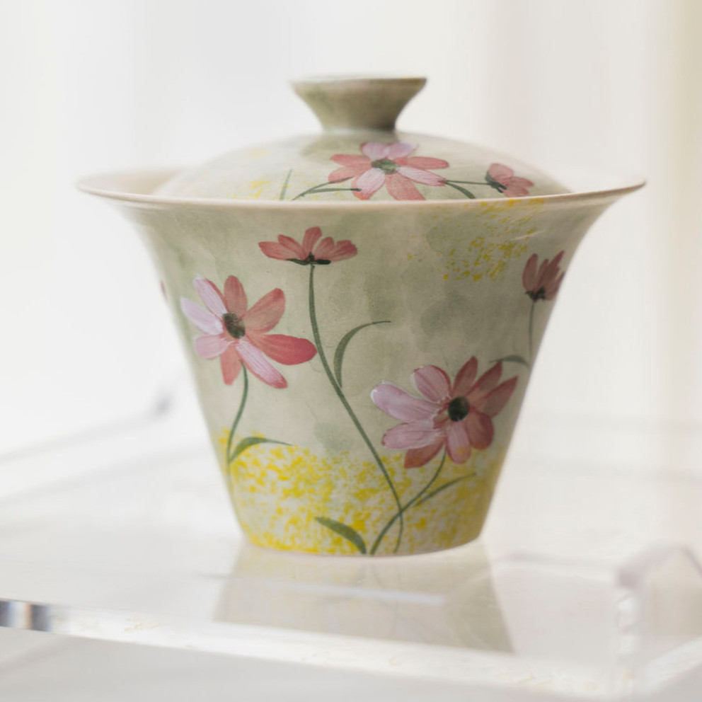 【夏至】粉色手绘雏菊手工白瓷盖碗精致陶瓷茶具油画风盖碗复古盖碗