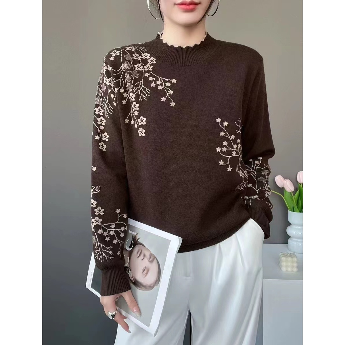 梅花撞色羊毛针织打底衫女秋冬宽松休闲波浪边半高领套头毛衣2859