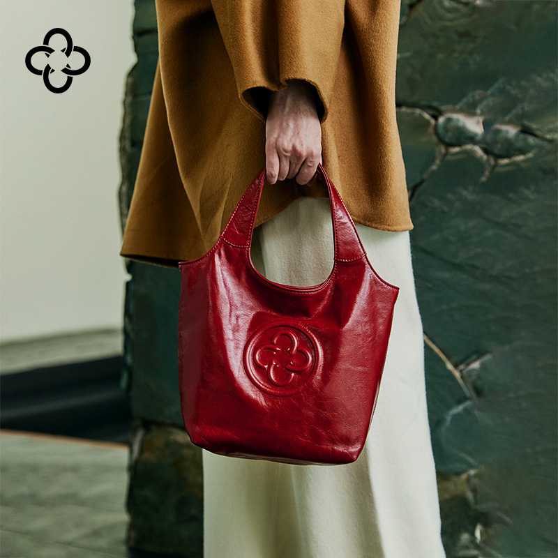 CASSILE/卡思乐女包植鞣牛皮MINI马甲手提包复古樱桃红小托特婚包