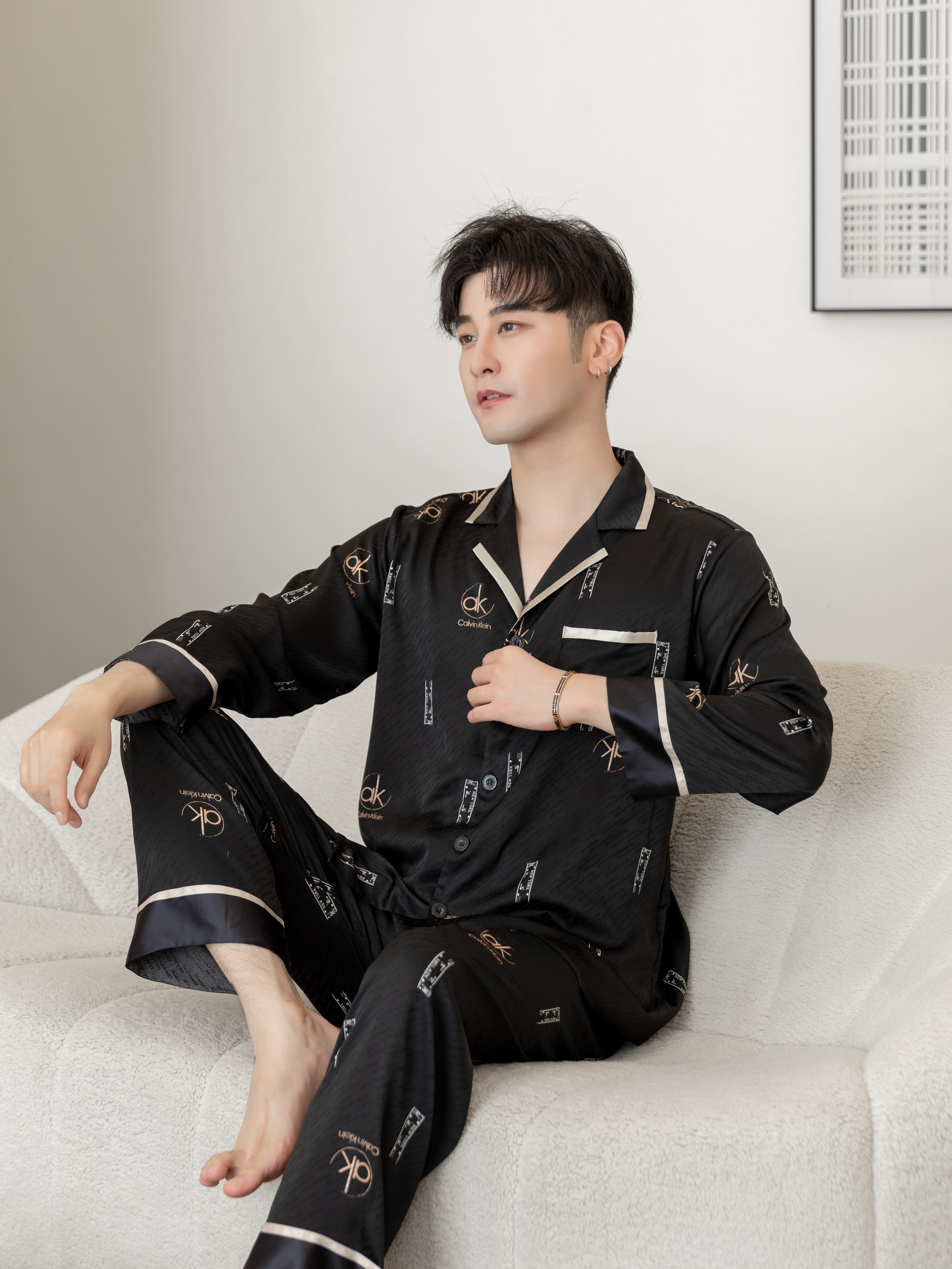 冰丝薄款情侣国风睡衣男气质云中鹤睡衣女套装长袖简约显瘦家居服