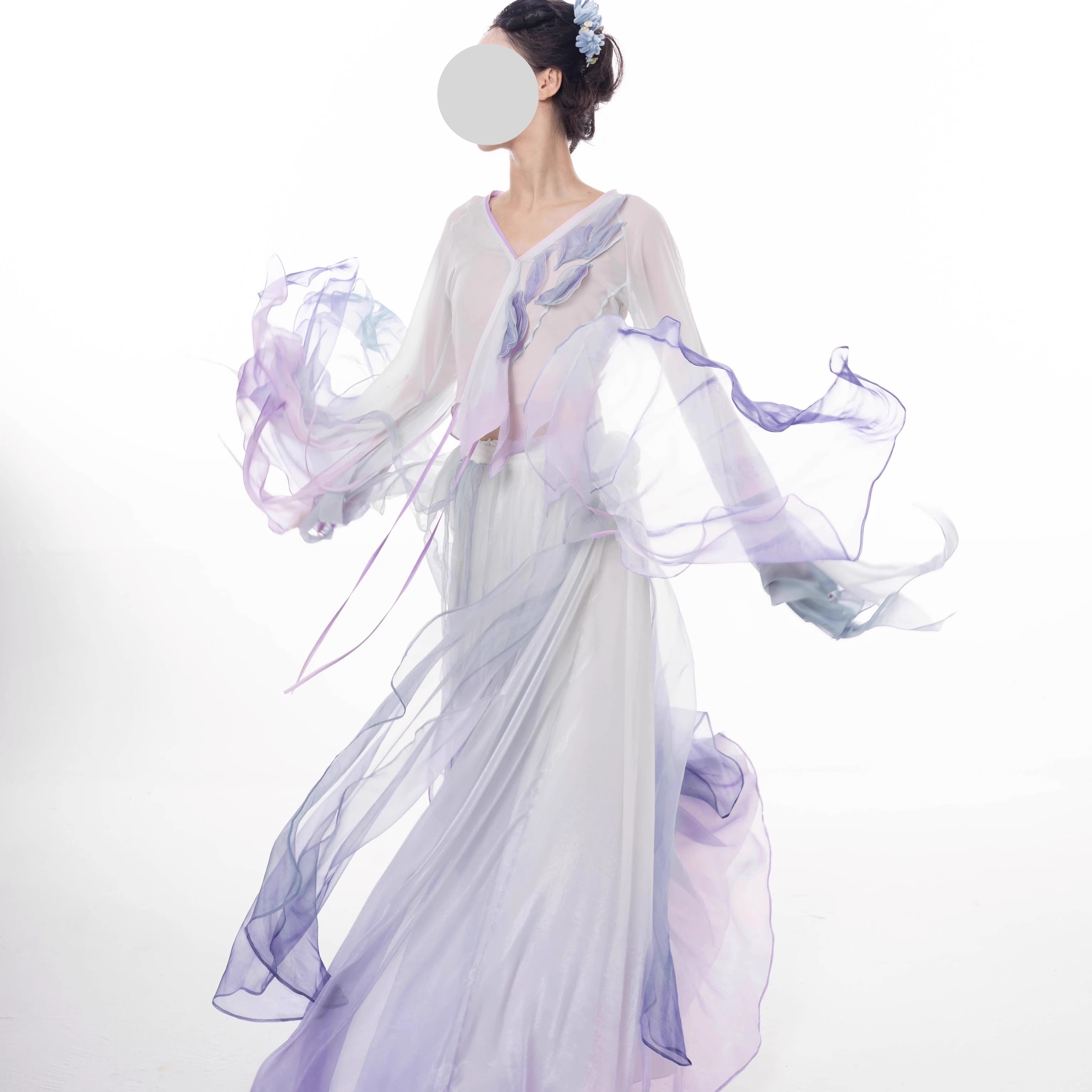 承承绒花蓝紫收腰古风舞蹈汉元素破烂花瓣裙左左同款