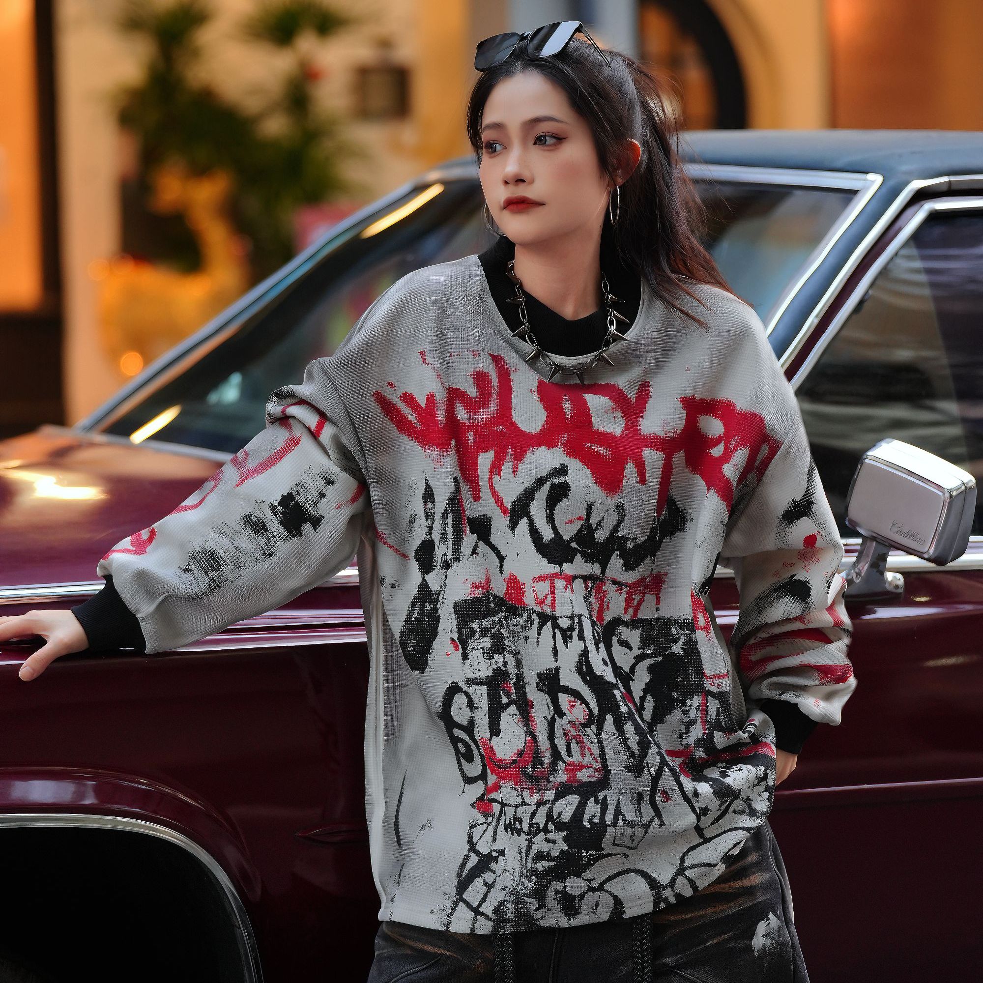 【涂鸦客】原创炸街涂鸦加绒秋冬华夫格面料宽松潮牌保暖上衣