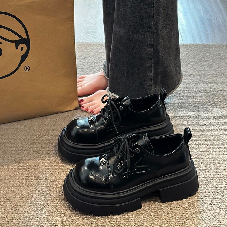 6cm厚底黑色鞋女2025春季新款百搭学院风单鞋增高系带乐福鞋