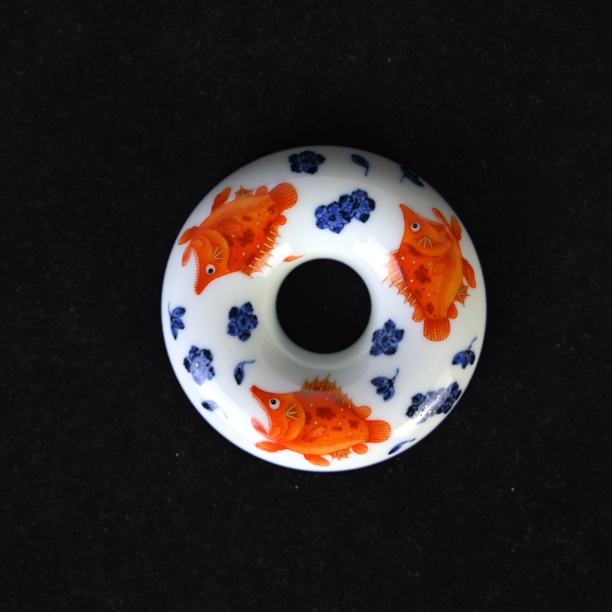 雯华堂 景德镇仿明青花矾红桃花鳜鱼甜甜圈双面盖置 直径7cm