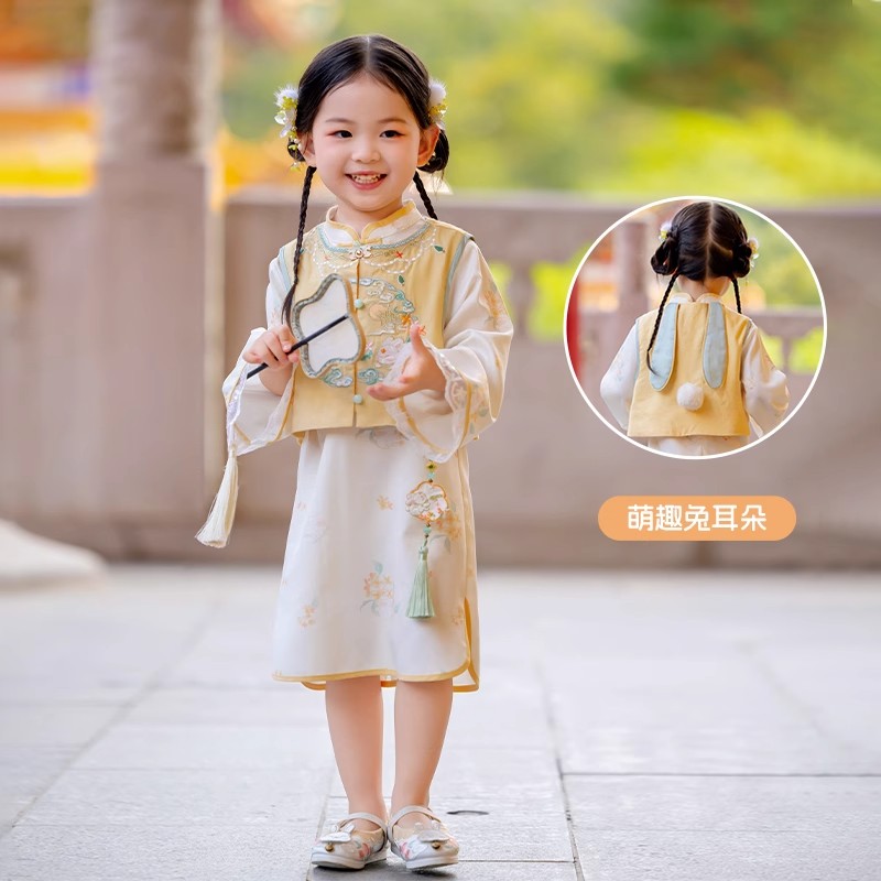槿木缘【澜月】汉服女童旗袍2025秋新款古风儿童马甲连衣裙两件套装