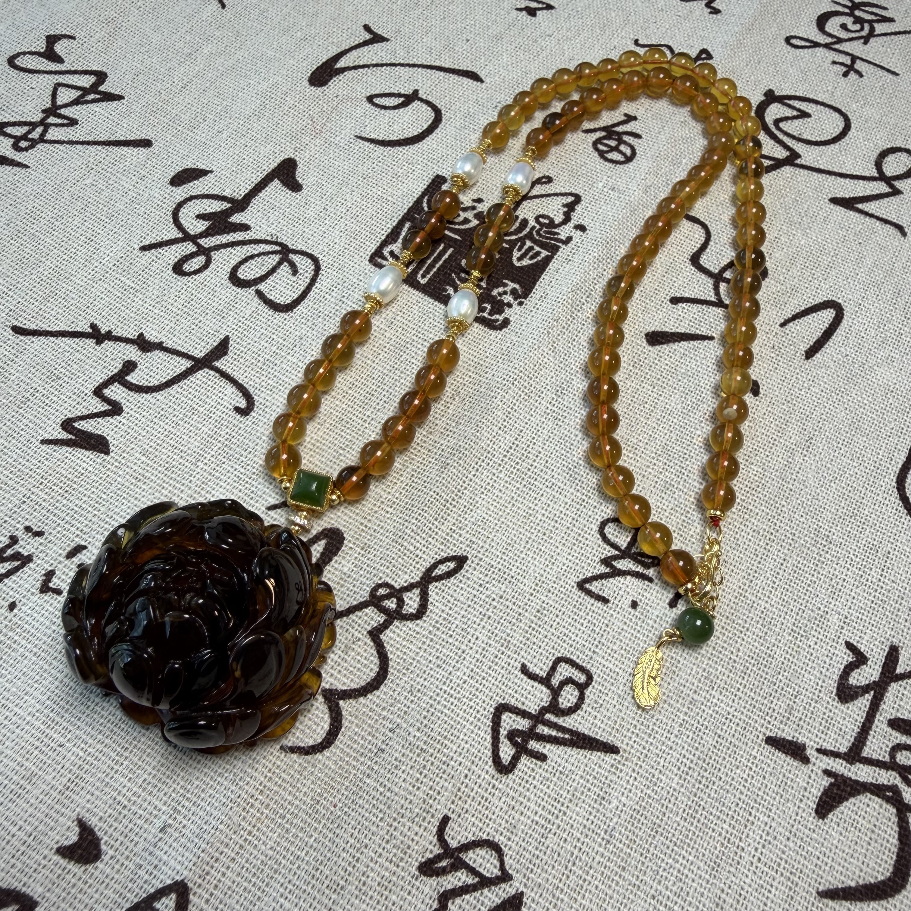 【鸿莱】BZ022512琥珀缅珀牡丹花吊坠diy缅珀项链6mm+