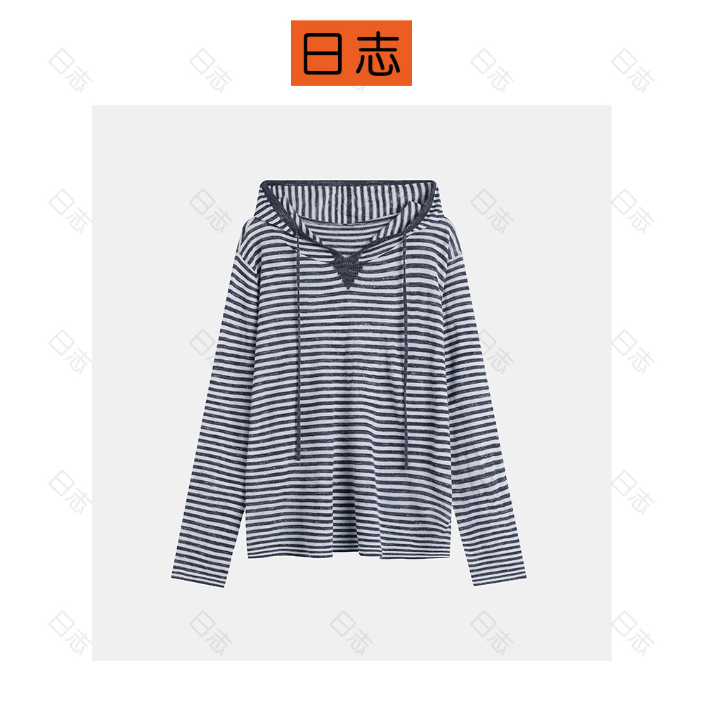 PIPO【现】【含亚麻】条纹连帽针织衫女宽松时尚长袖套头上衣DD51Z231