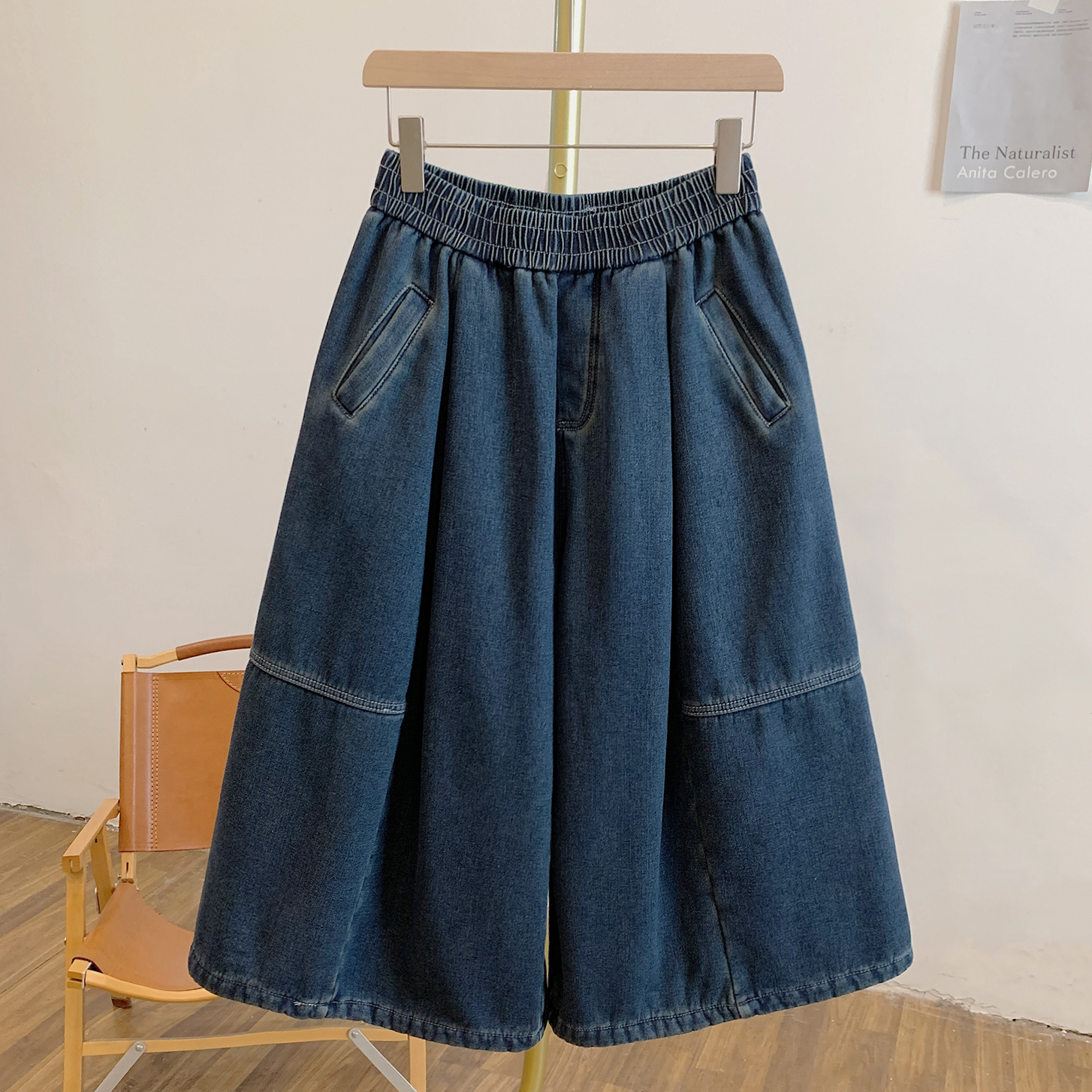 C5342加绒松紧腰牛仔阔腿裤七分裤