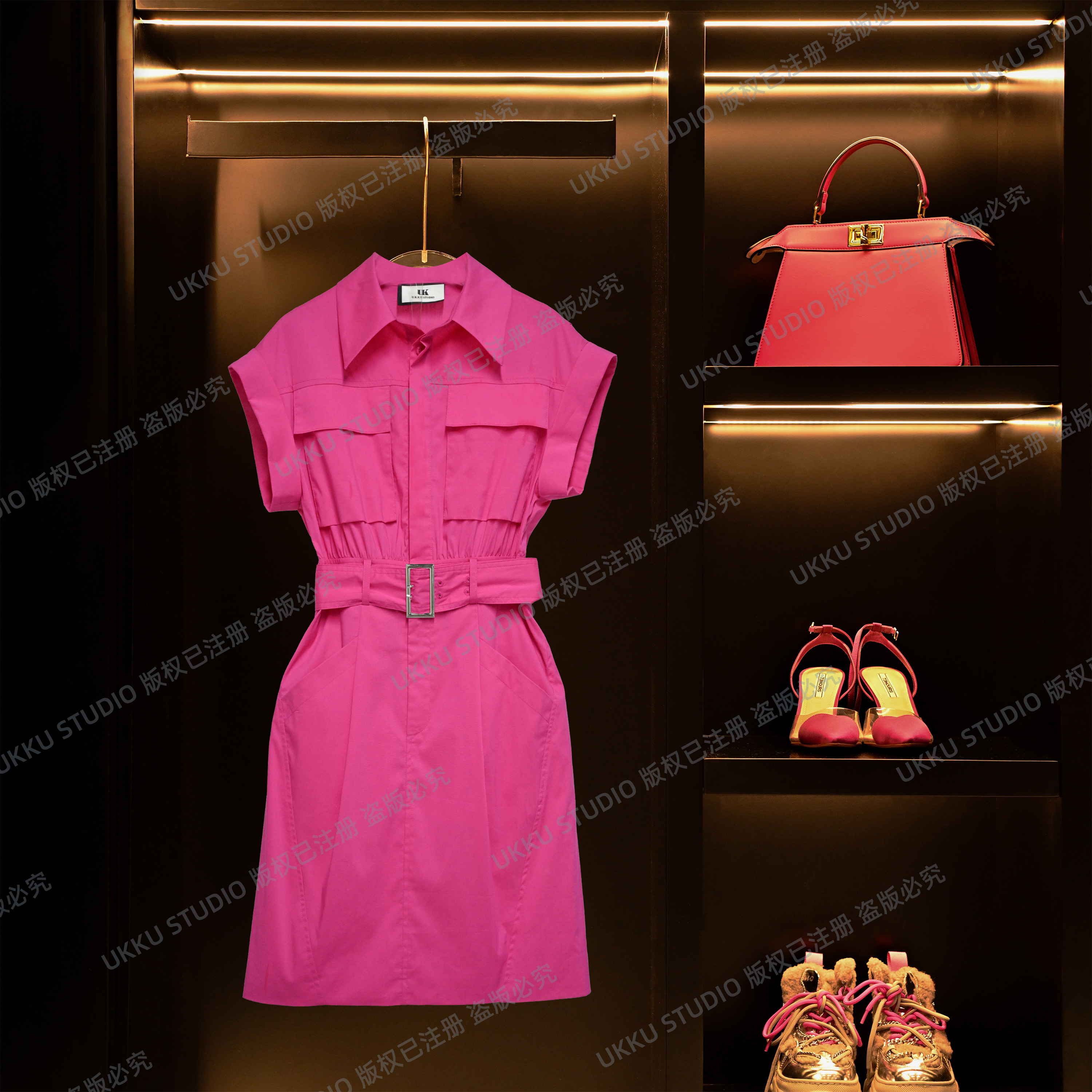 LILI【UKKUSKUDIO】夏季气质茶歇裙单排扣法式收腰衬衫连衣裙312123