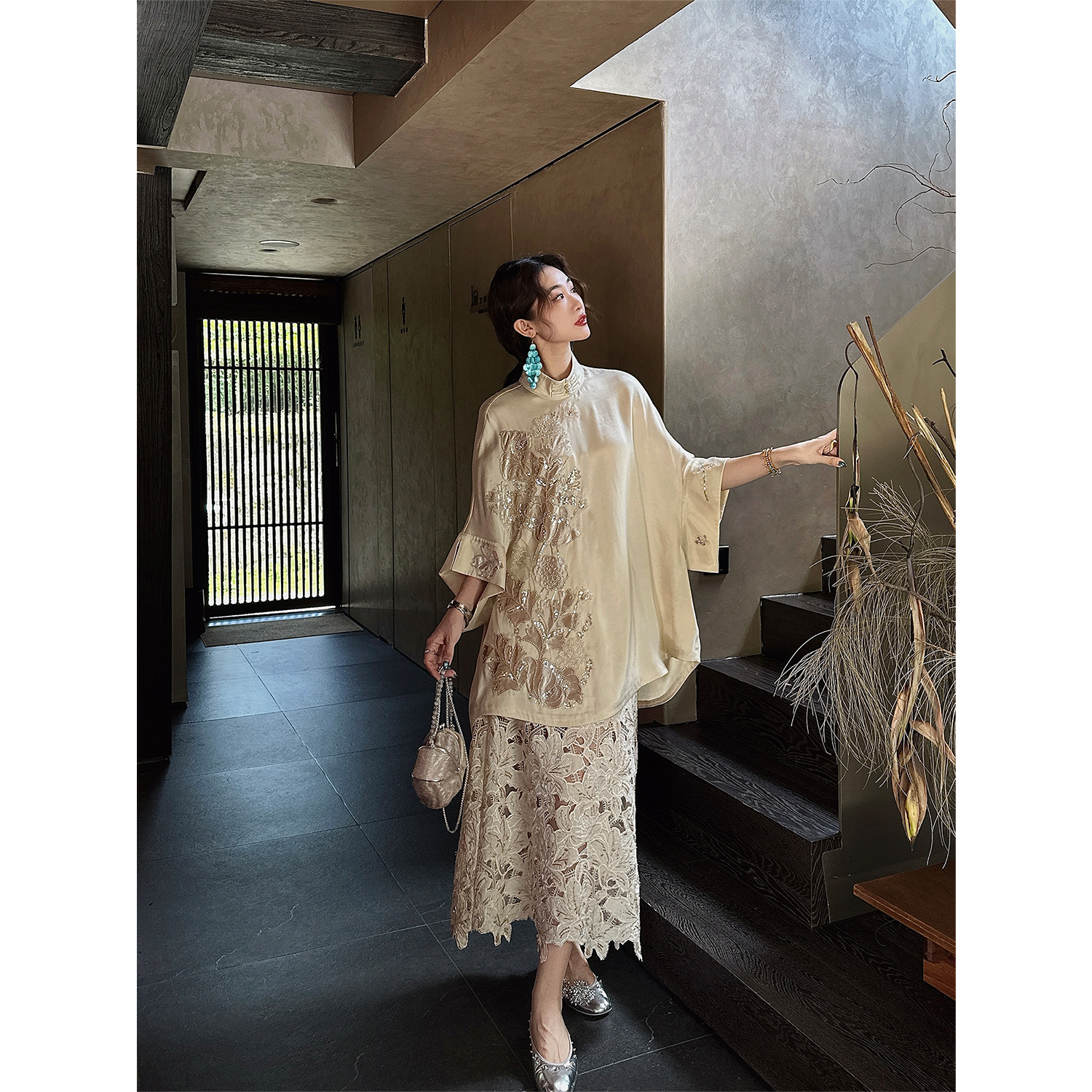 三吉黑花【玖鸢】国风镂空刺绣半身裙女2025新款新中式薄款长裙潮