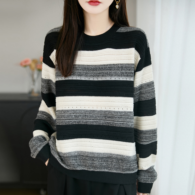圆领条纹针织衫长袖秋装新款宽松慵懒风毛衣女款爆款2025新款洋气
