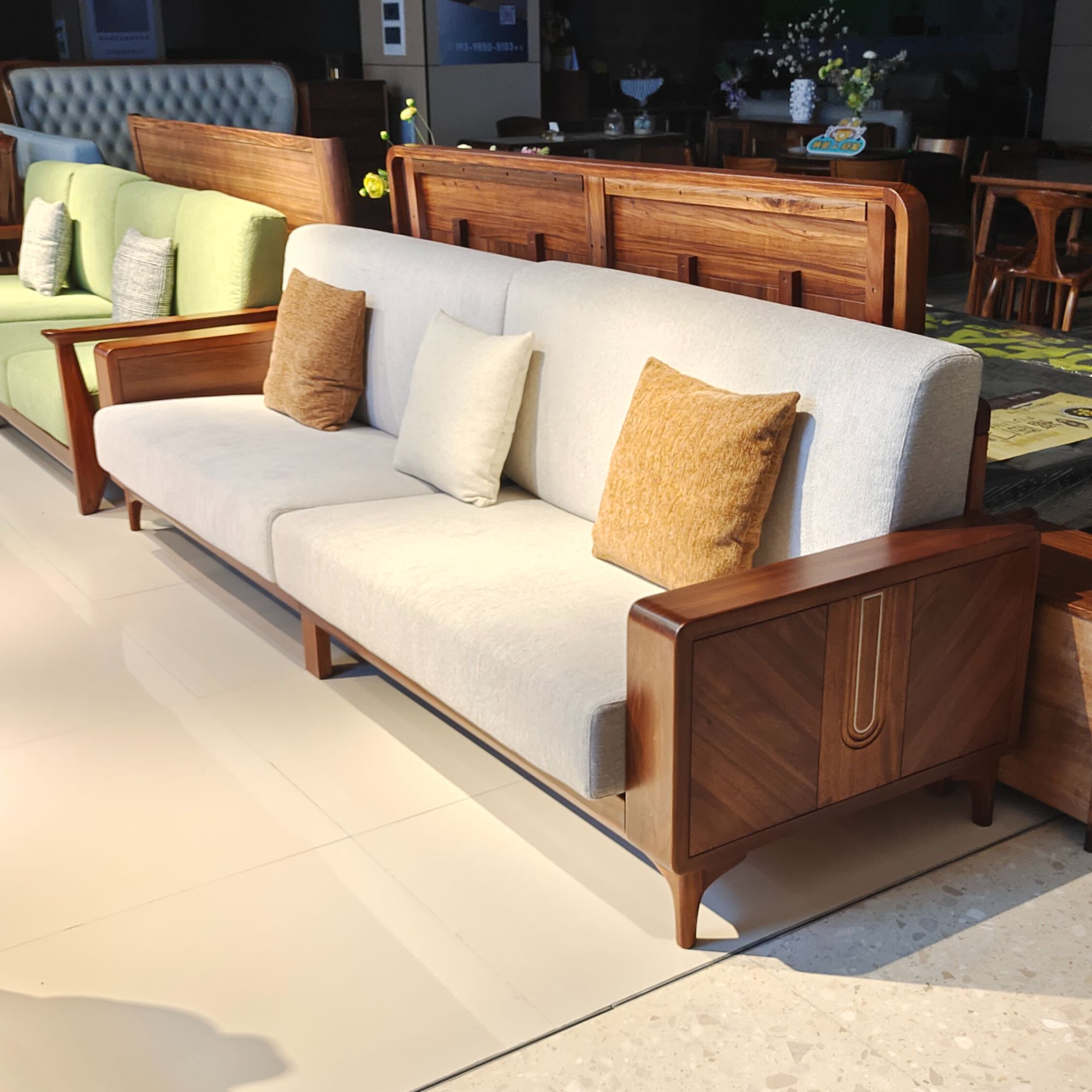 乌金木沙发大鱼扶手实木加棉麻厚垫子组合客厅沙发