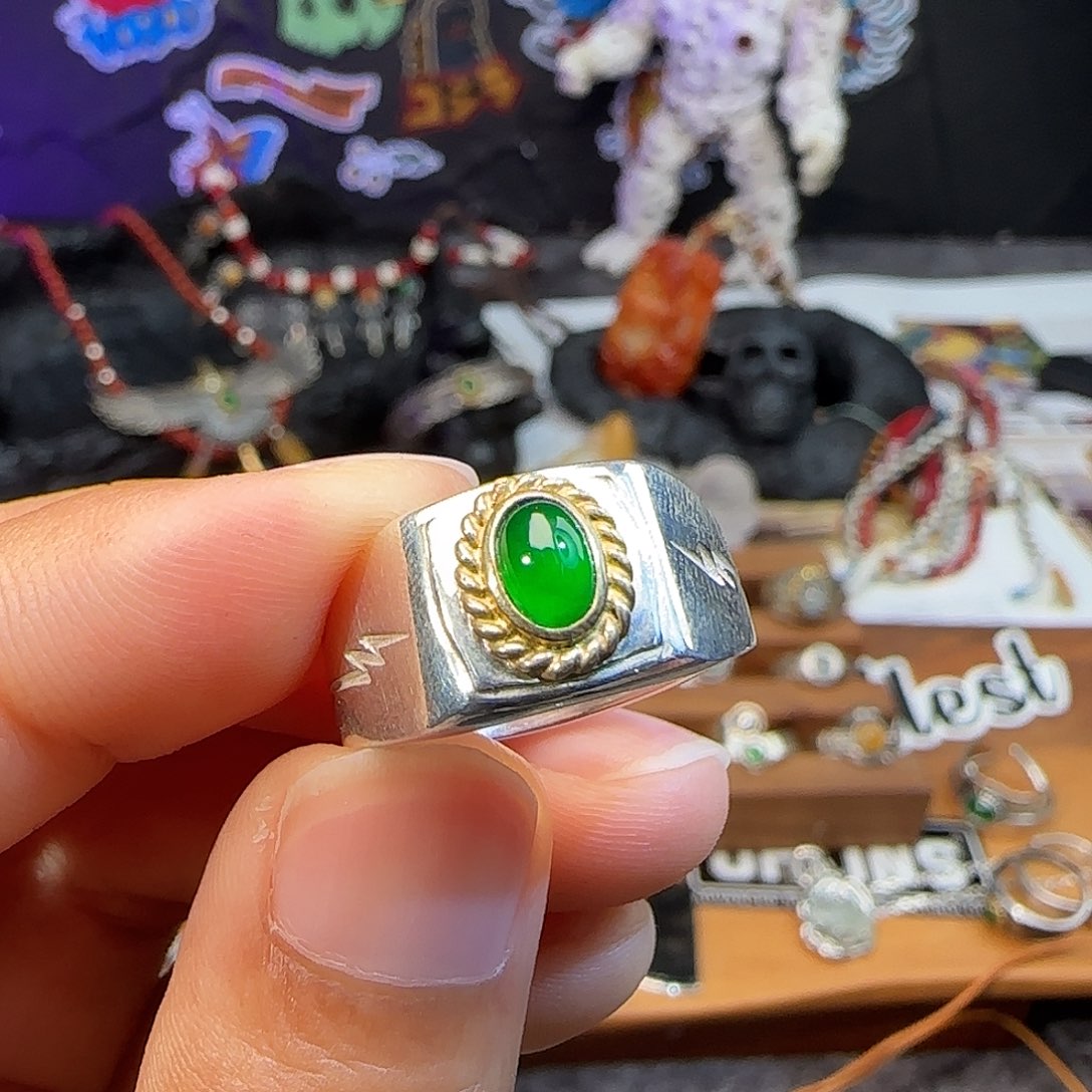 宮***闆翡翠银S925镶嵌戒指