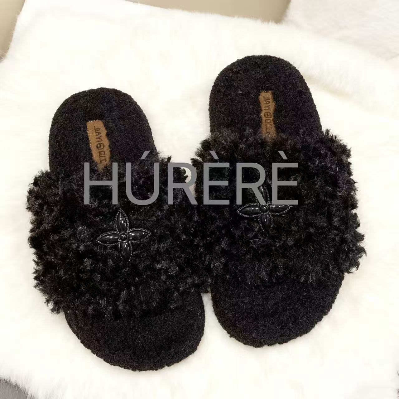 HÚ RÈ RÈ 【柔奢黑星】毛毛保暖拖鞋外穿休闲厚底时尚一字拖鞋女