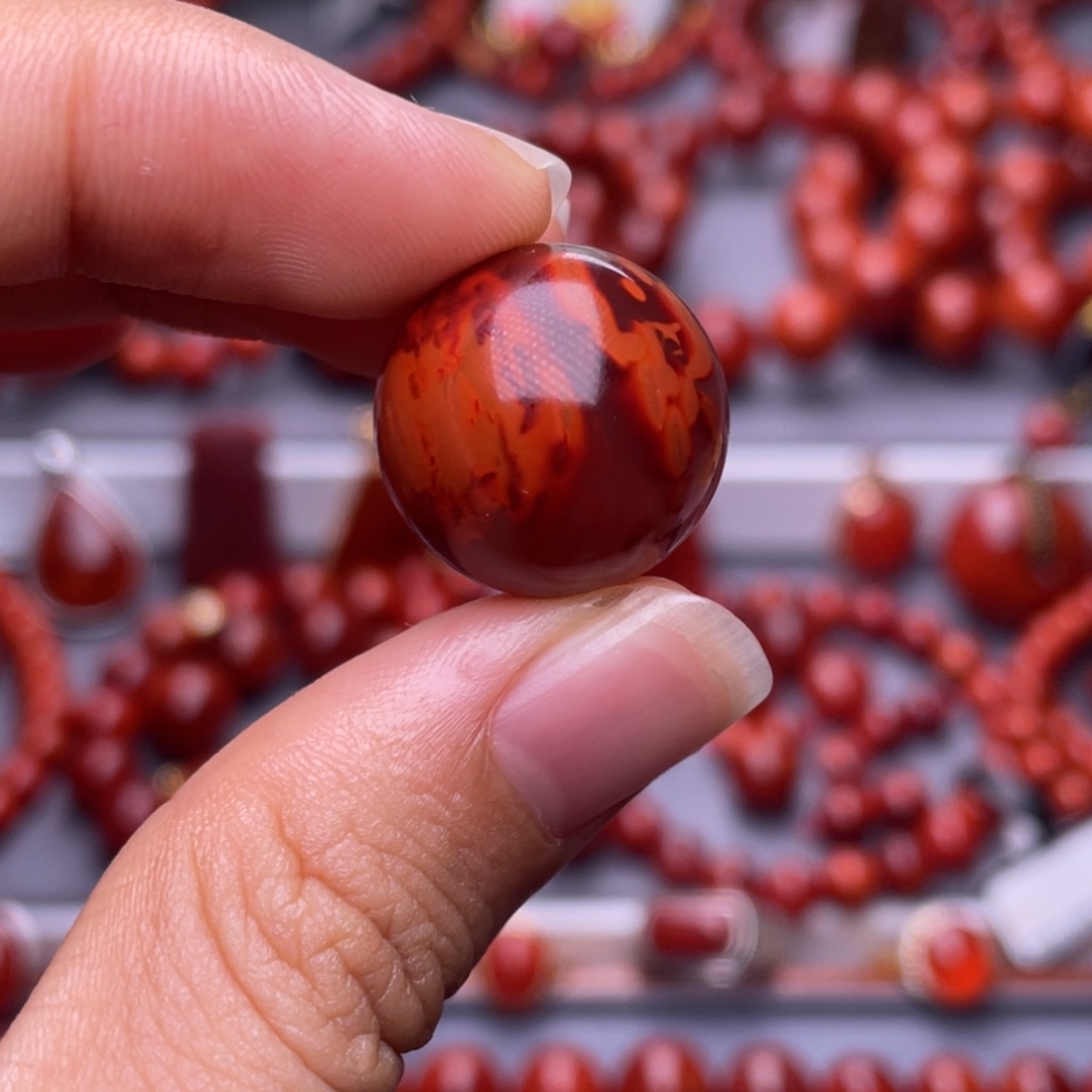 南红玛瑙未镶嵌其他天然原矿）高品18mm瓦西玫瑰红火焰单珠