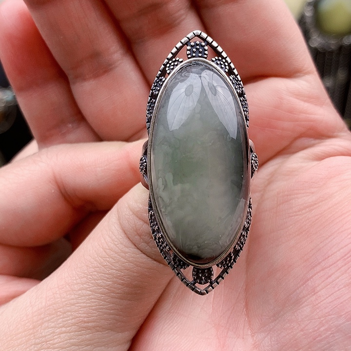 琥珀裸石银S925镶嵌戒指