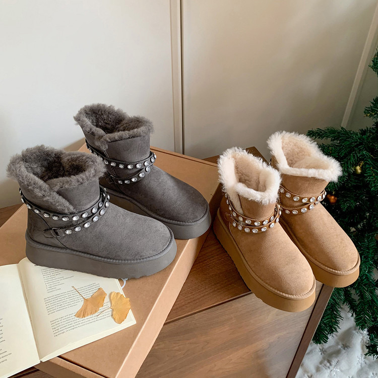 【XIAOXIA】冬季厚底松糕底水钻雪地靴增高显瘦百搭短筒雪地靴