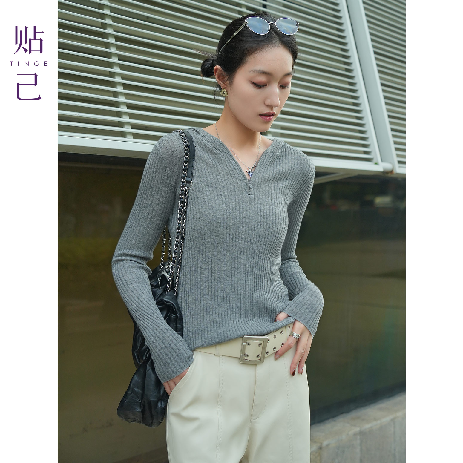 TINGE/贴己高支含羊毛连帽修身半拉链毛衣女秋冬可外穿呼吸针织衫