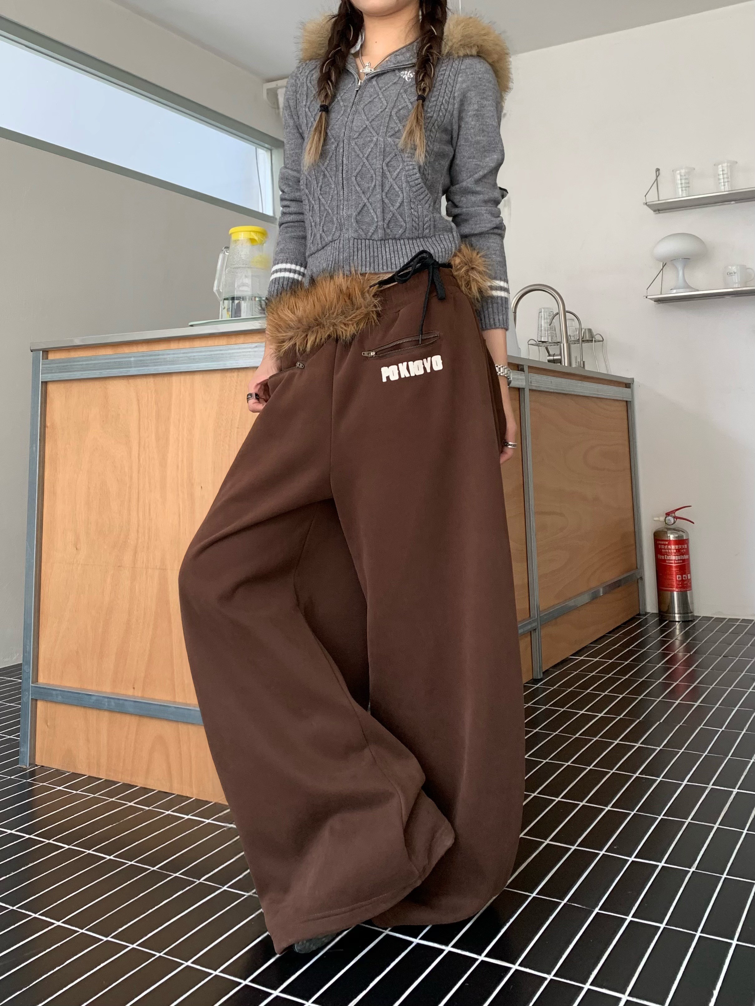 美式可拆卸毛领拉链字母阔腿加厚卫裤男女宽松休闲百搭长裤