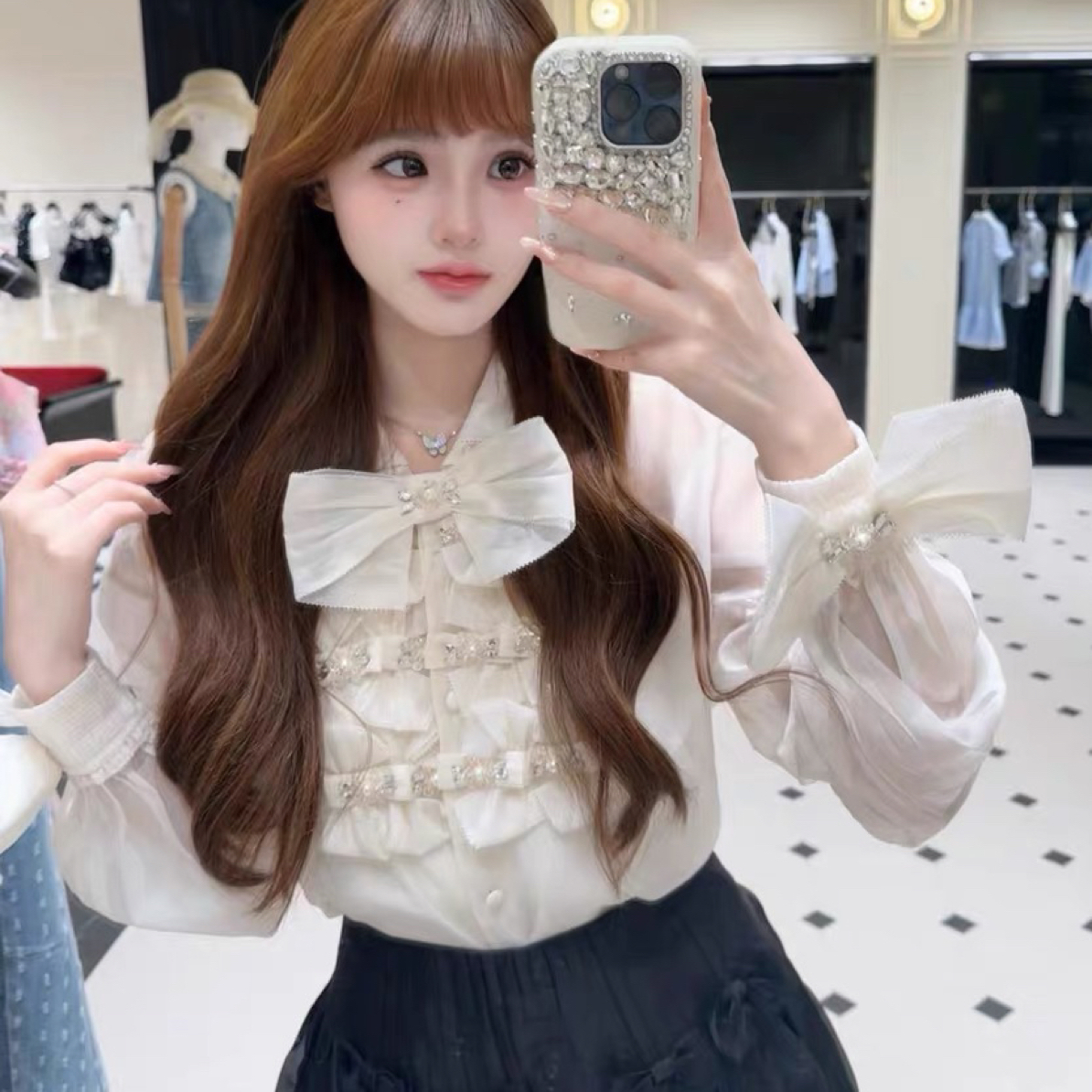 《no退no换默认微瑕》小清店早秋新款蝴蝶结蕾丝衬衣半裙