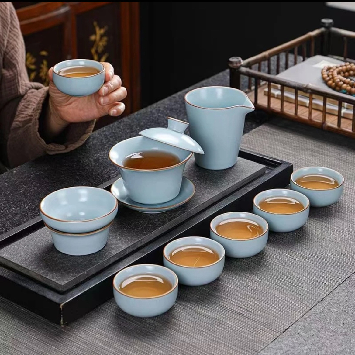 A 100天蓝汝窑悬停盖碗功夫茶具不带礼盒