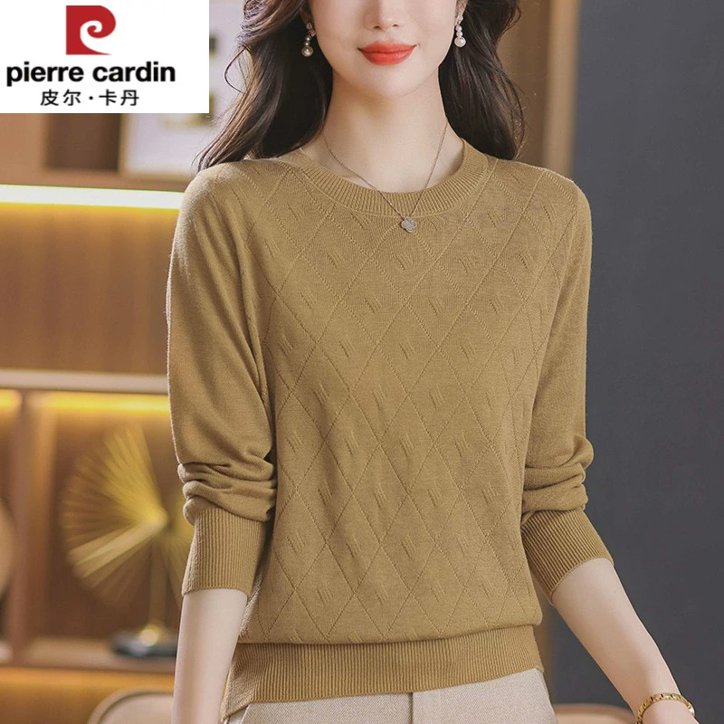 皮尔卡丹桑蚕丝长袖t恤女春秋新款妈妈低领宽松上衣打底针织衫