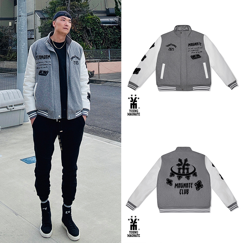 YOUNG MAGNATE【宝石】立领羊毛呢皮袖棒球棉服