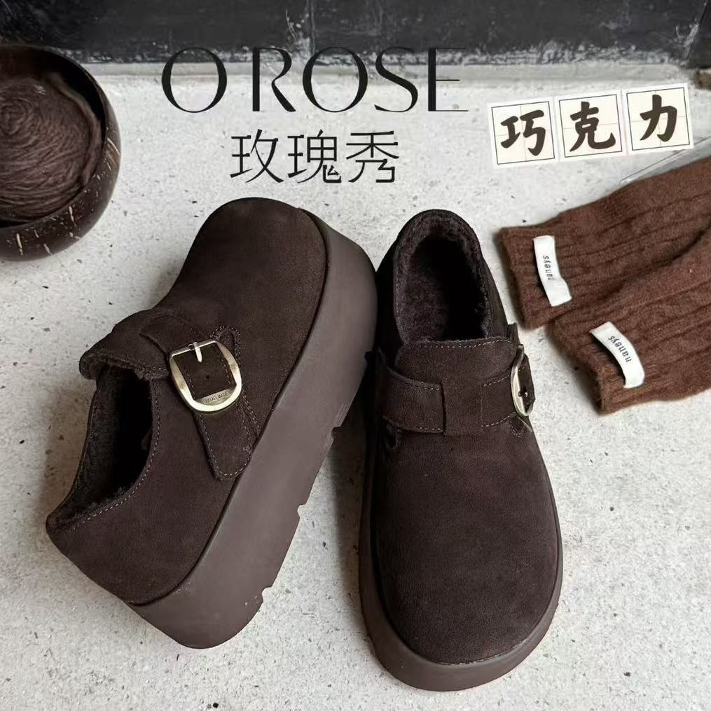 勃肯鞋秋冬加绒一脚蹬女鞋复古纯色极简风