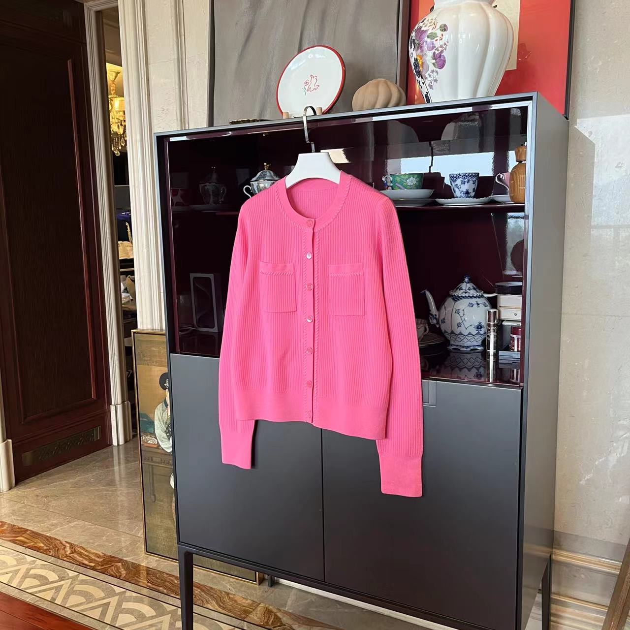 MYL 2024春款玫红色美利奴羊毛针织开衫气质时尚百搭长袖毛衣